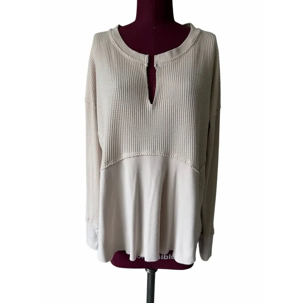 Free‎ People Top Henley Monterey Thermal Long Sleeve Light Pink Cream Small